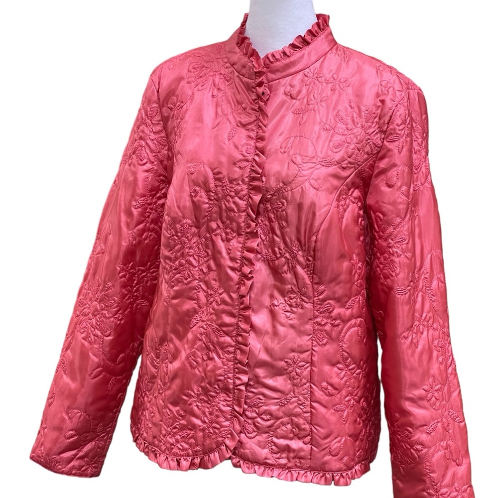 Chico’s Quilted Jacket Rose Pink Silky Satin Sz 1 M 8 Ruffles Puffer Coat